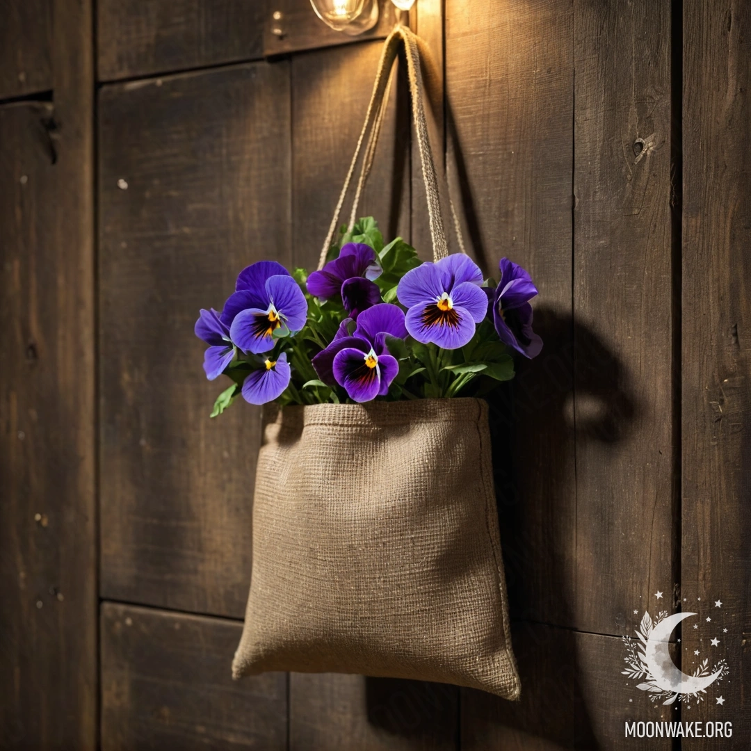 A small burlap bag containing pansies hangs on a shabby wooden wall at night.