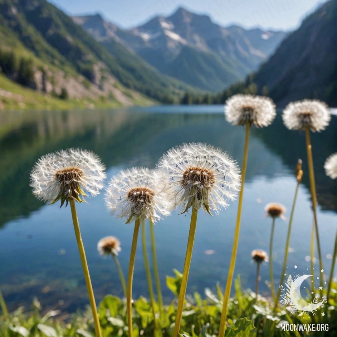 Close-up of delicate dandelions with a blurred mountain lake background.
