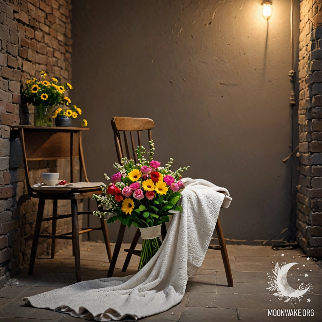A bouquet of flowers resting on a blanket on a chair against a shabby wall at night.