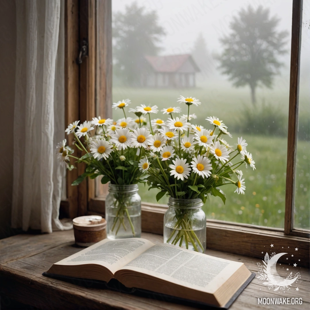 A quaint wooden windowsill adorned with a jar of daisies and an open book, enveloped in dense fog.
