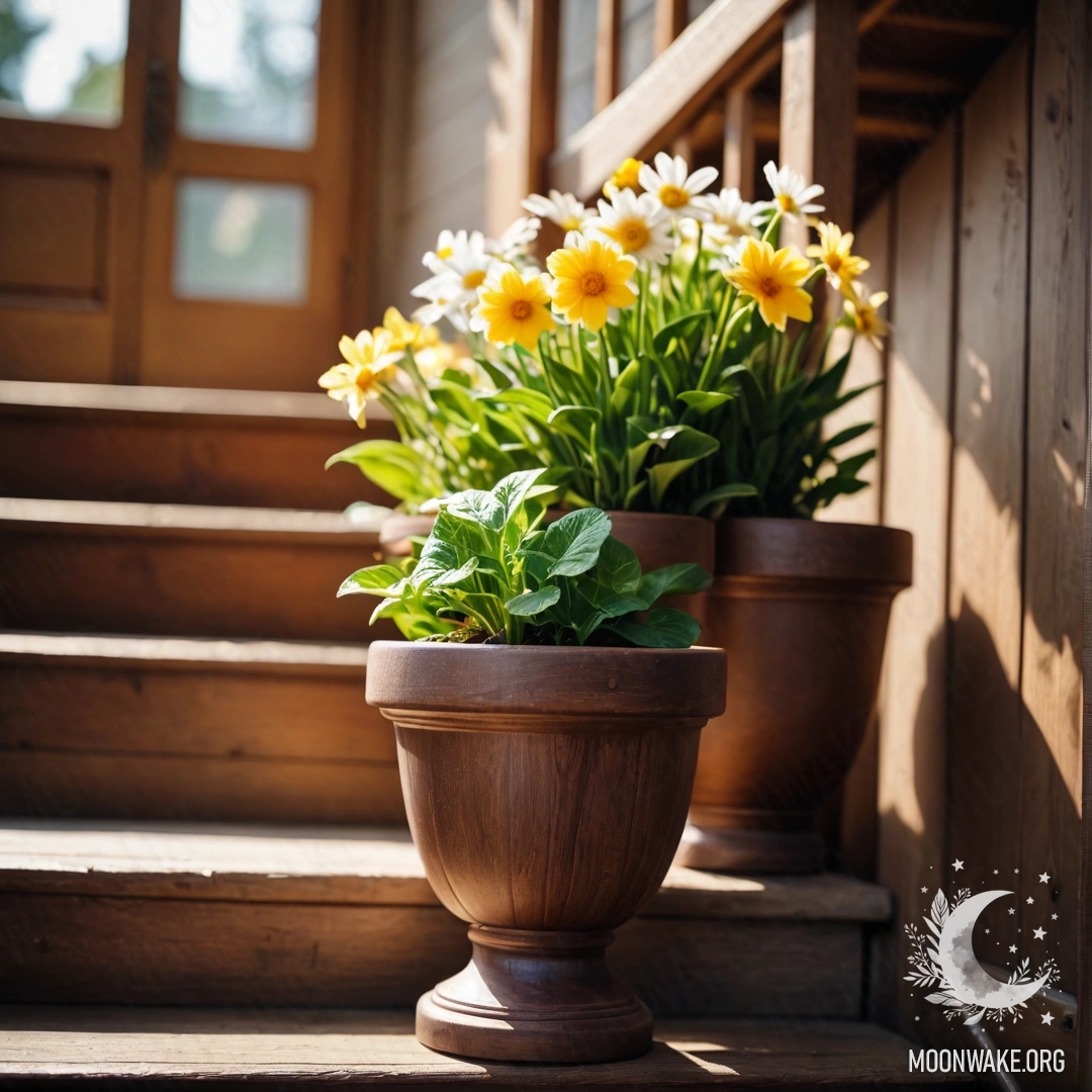 Charming Wooden Staircase with Flowerpots A wooden staircase adorned with flowerpots and blooming flowers.