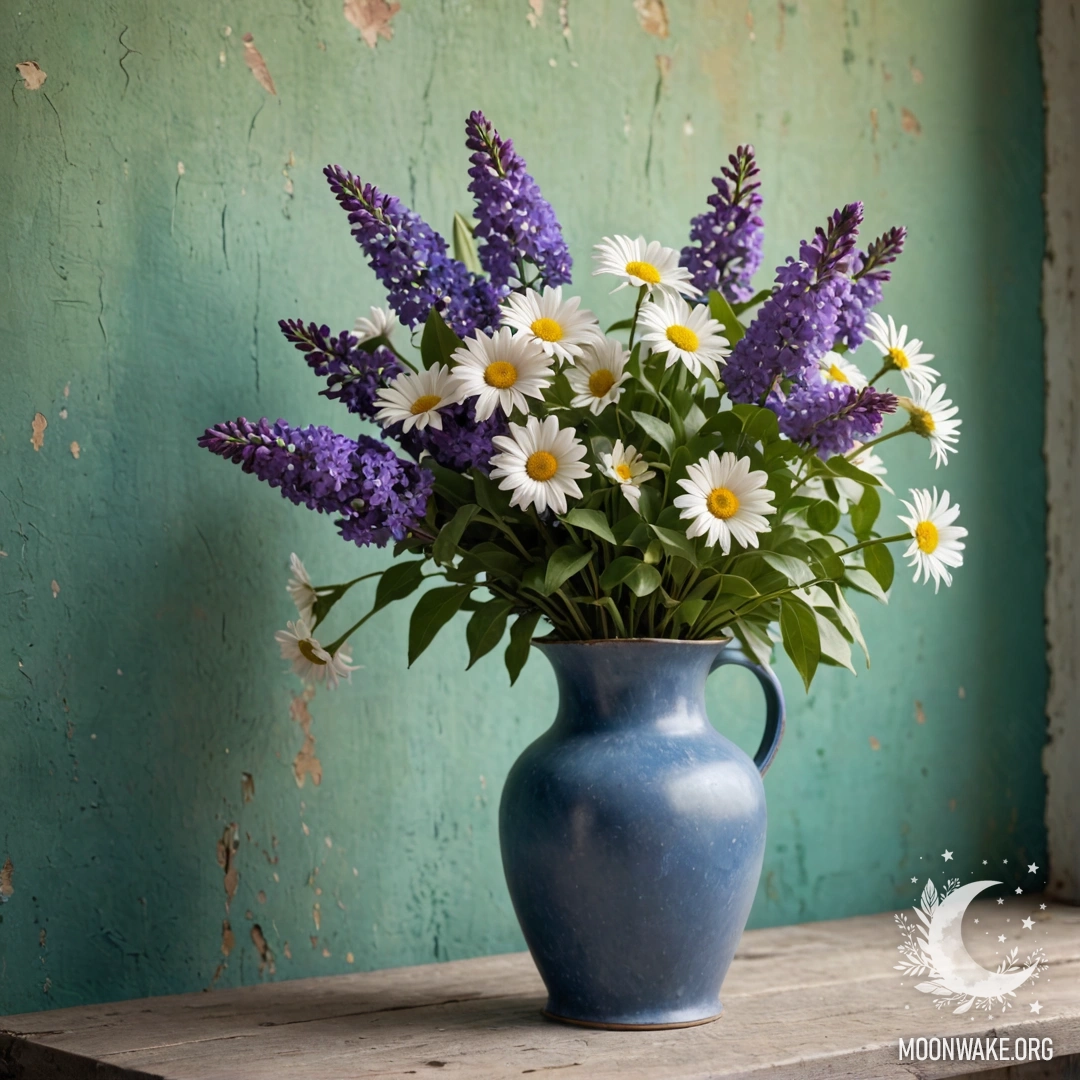 Charming Blue Vase with Daisies and Lilacs A shabby blue metal vase filled with daisies and lilacs against a greenish wall during sunset.