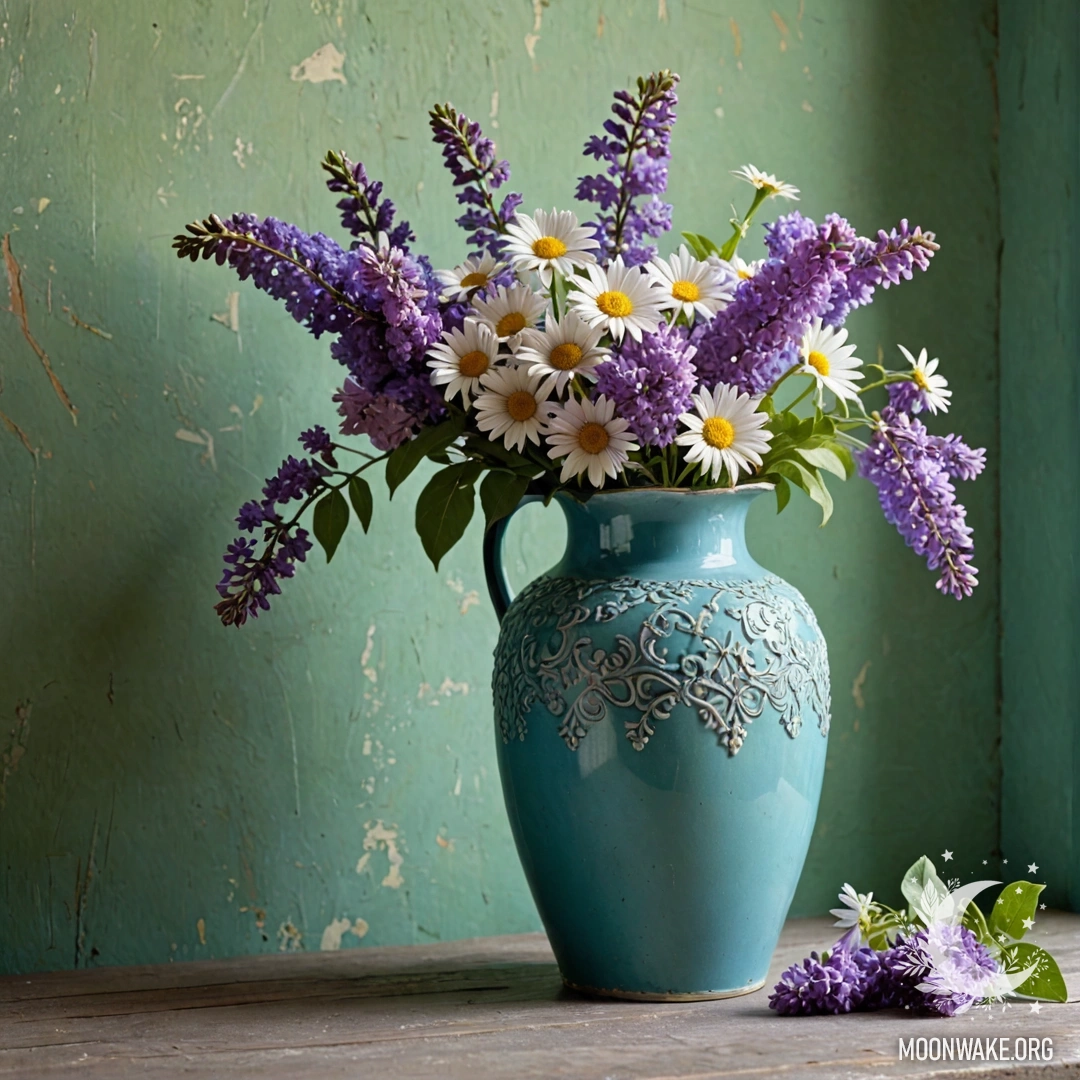 A shabby metal blue vase filled with daisies and lilacs, set against a greenish wall during sunset.