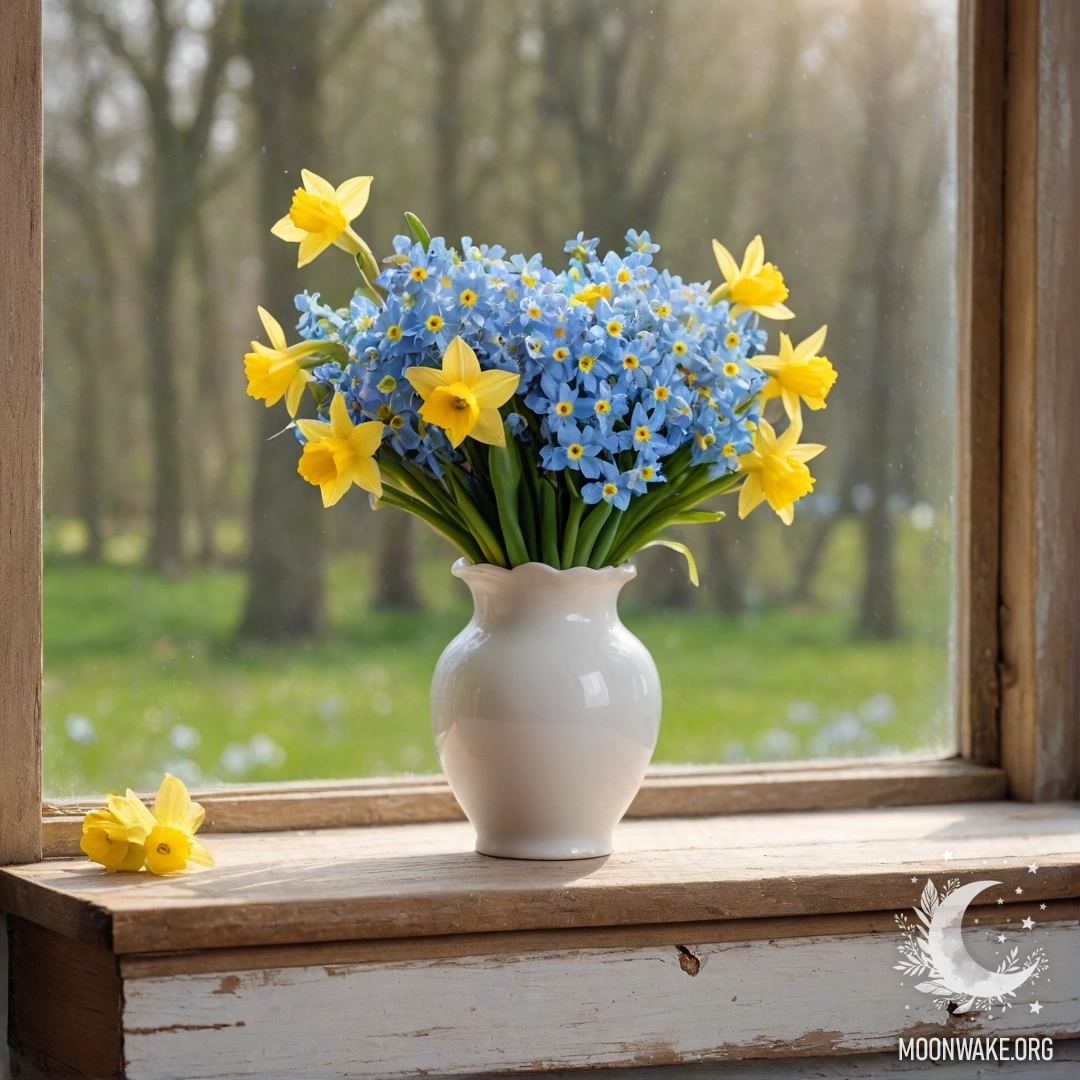 A shabby wooden window sill adorned with a white vase containing daffodils and forget-me-nots, surrounded by garland lights.