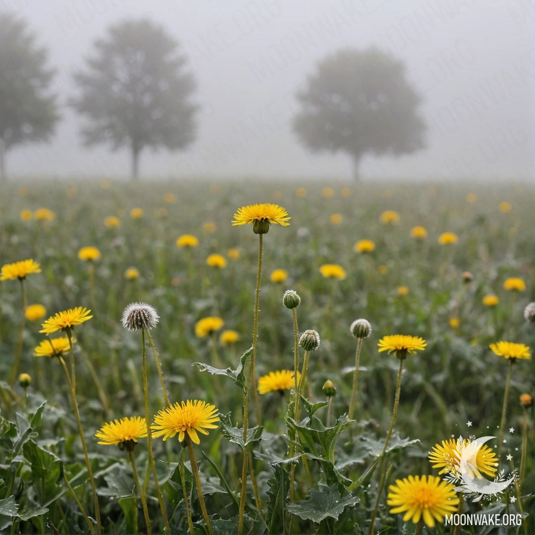 Close-up of dandelions surrounded by flowers in a foggy field.