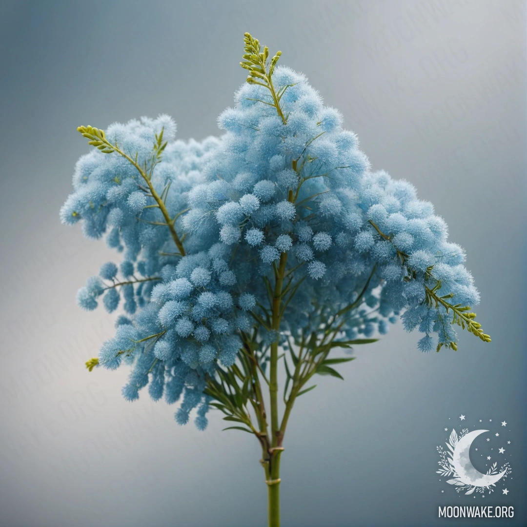 A bouquet of mimosa flowers in soft sky blue hues enveloped by mist.