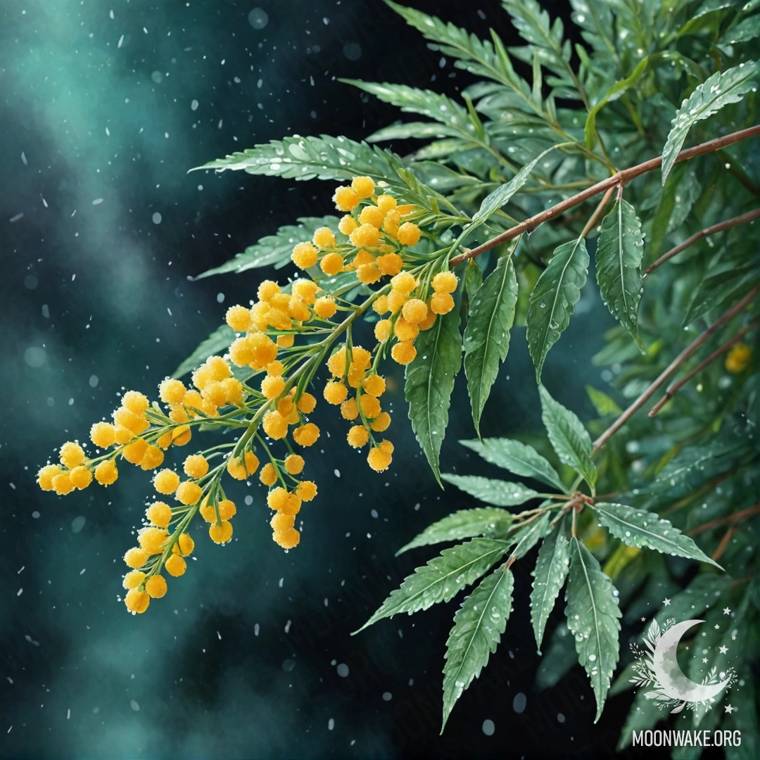 Mimosa Bouquet Under Rainy Night Sky A bouquet of mint-colored mimosa flowers illuminated by soft rain at night.