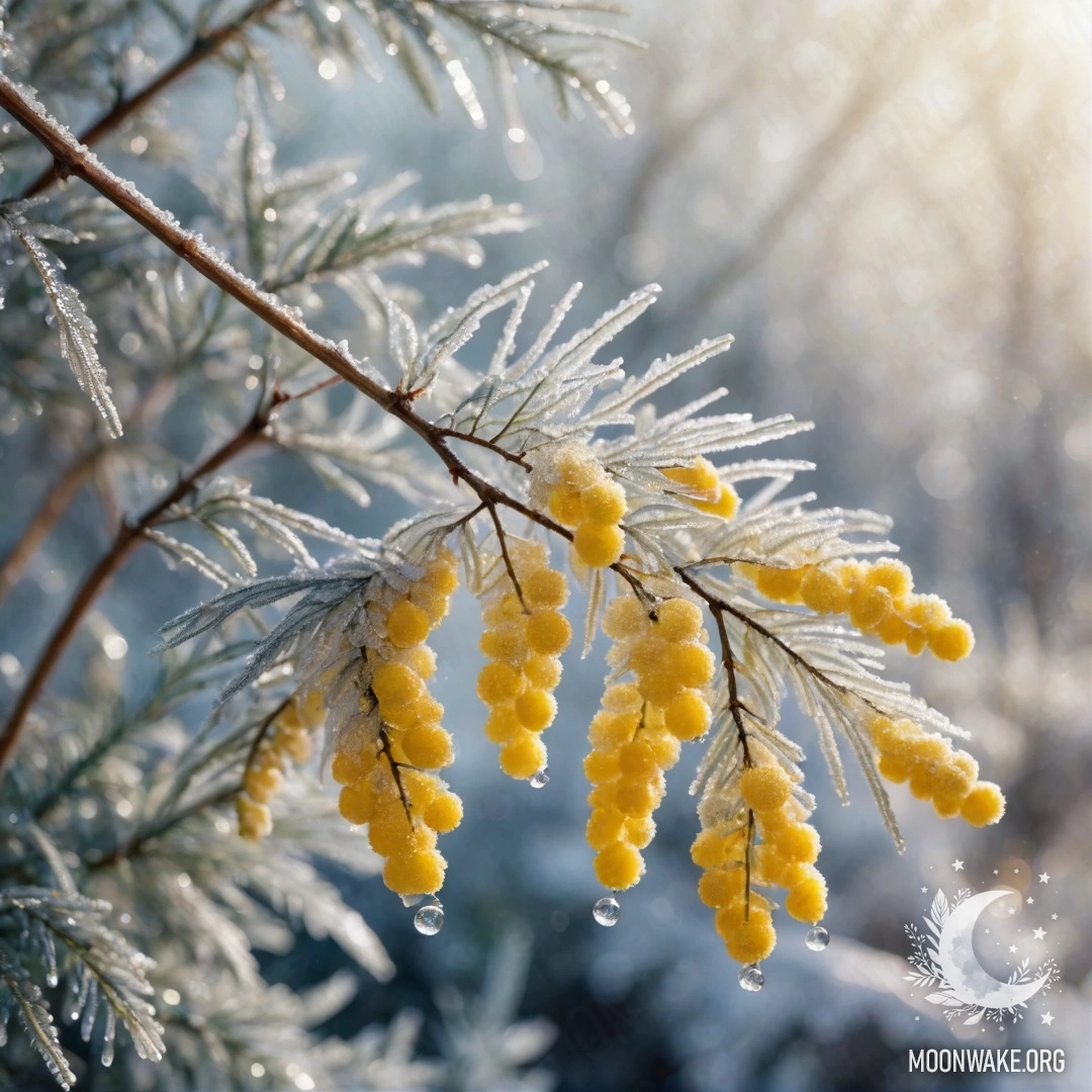 Frosty Mimosa with Sunny Rays A delicate mimosa flower in frost with shimmering sunlight.