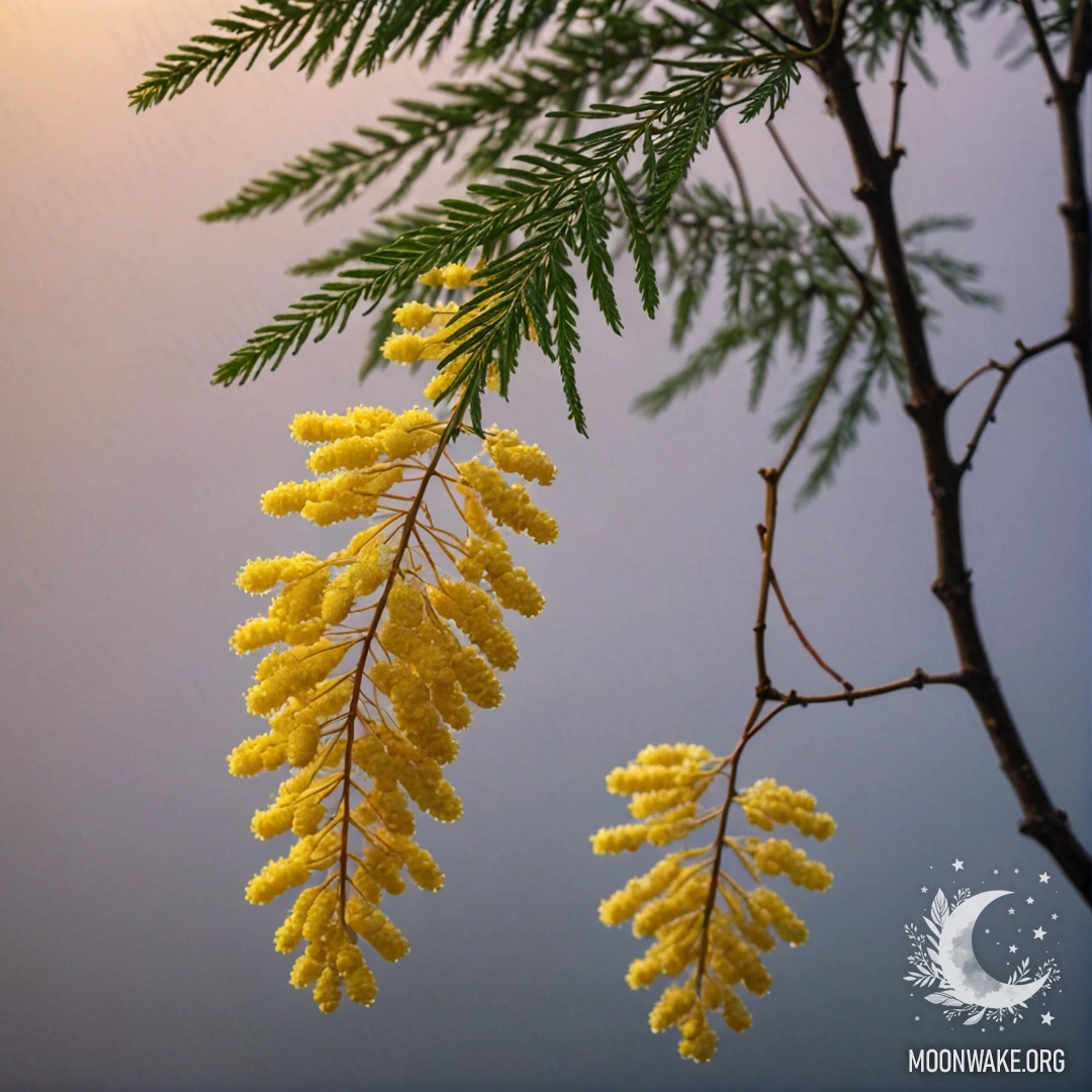 A beautiful mimosa flower in a foggy setting, bathed in sunset hues with sequins resembling sea wave colors.