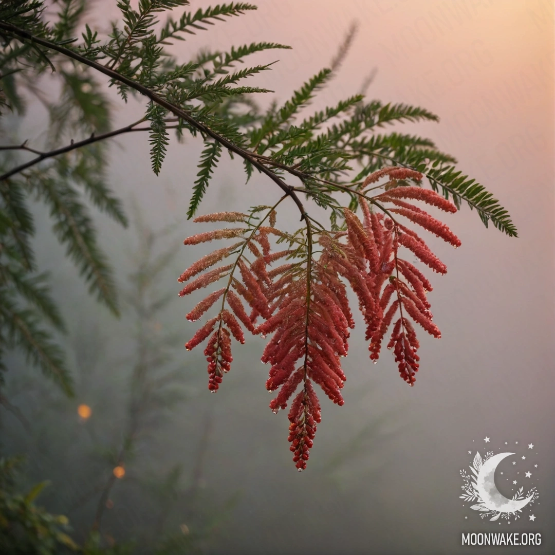 Mimosa in the Fog at Sunset A red mimosa flower emerging from a foggy background at sunset, adorned with glimmers.