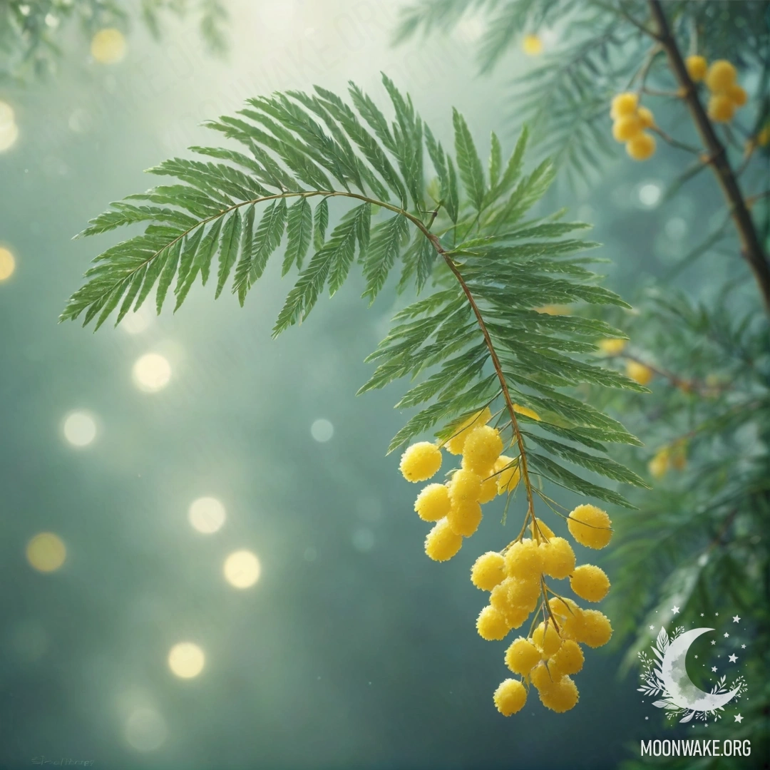 A beautiful mimosa flower with a misty background in greenish-blue hues.