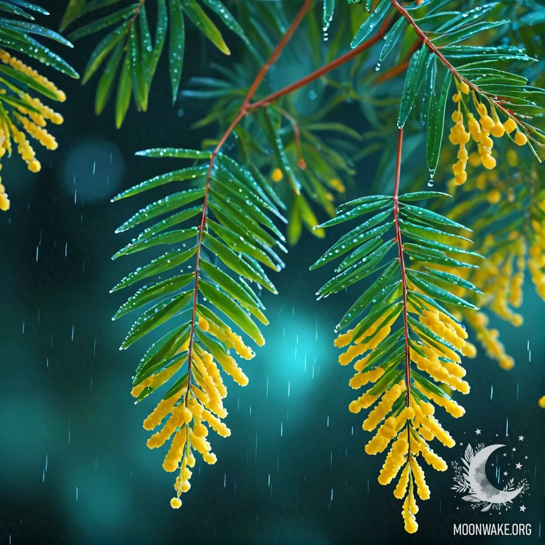 Mimosa in the Rain A beautiful mimosa flower surrounded by mist and rain at night.