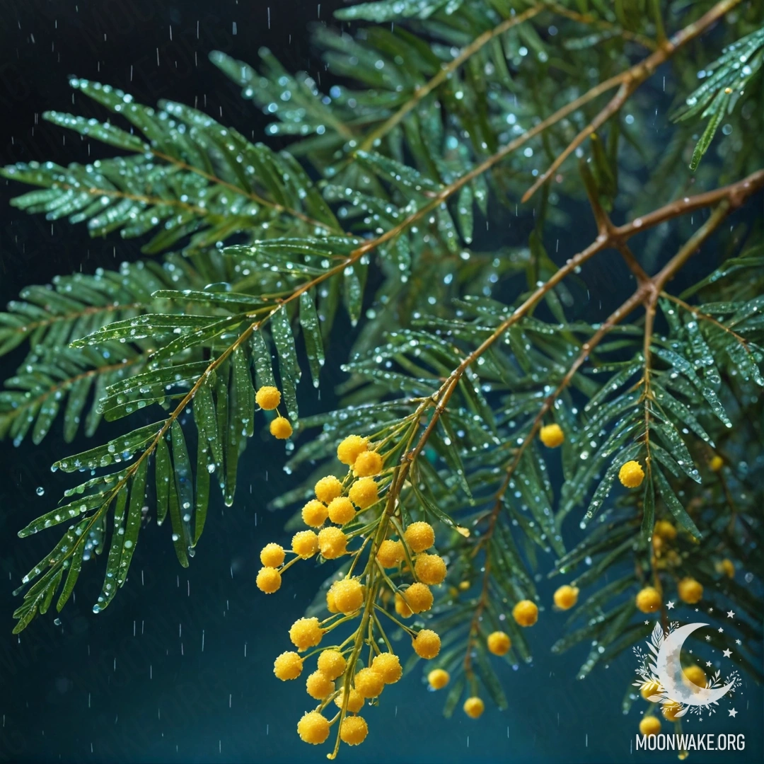 A beautiful mimosa flower glistening in the rain at night, with sequins in greenish-blue shades.