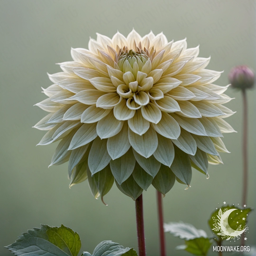 Minimal Dahlia in Fog A minimalistic dahlia flower partially shrouded in fog with soft sage patterns.