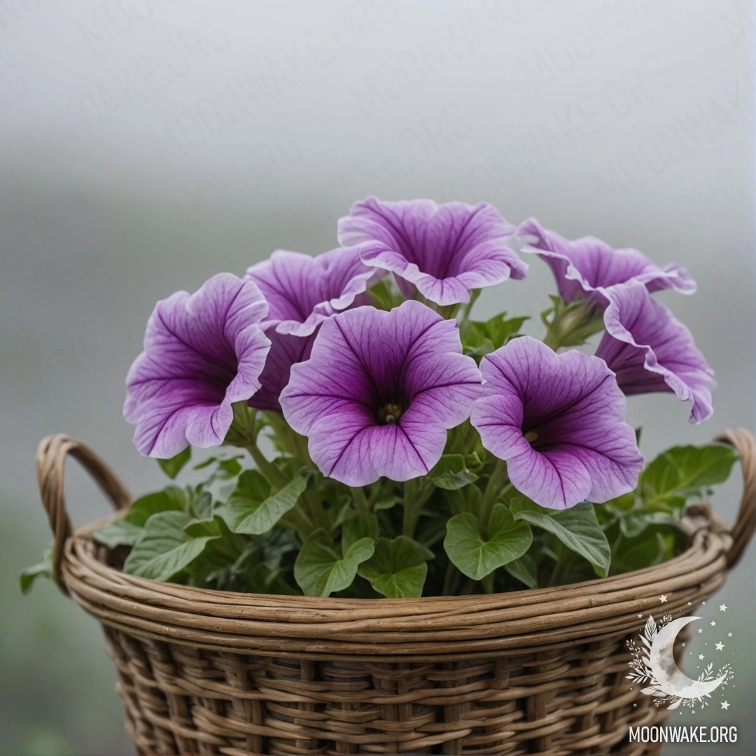 A delicate petunia nestled in a misty fog within a basket of sea wave colors.