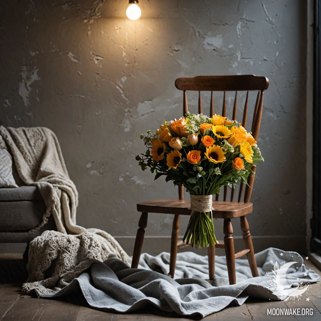 A simple chair with a blanket and bouquet of flowers against a shabby wall at night.