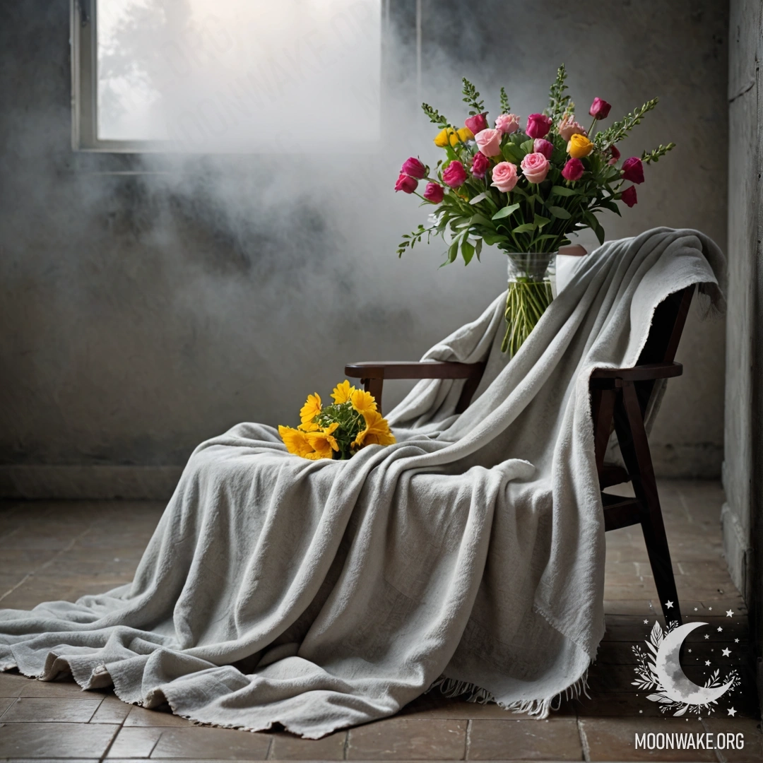 Minimalist Elegance on a Shabby Wall A chair with a blanket and a bouquet of flowers on it, set against a shabby wall in dense fog.