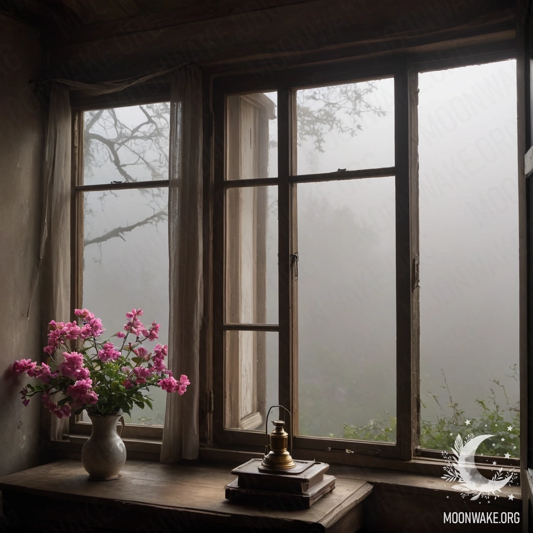 A minimalistic scene featuring a chair with a blanket and a bouquet of flowers on it, against a shabby wall.