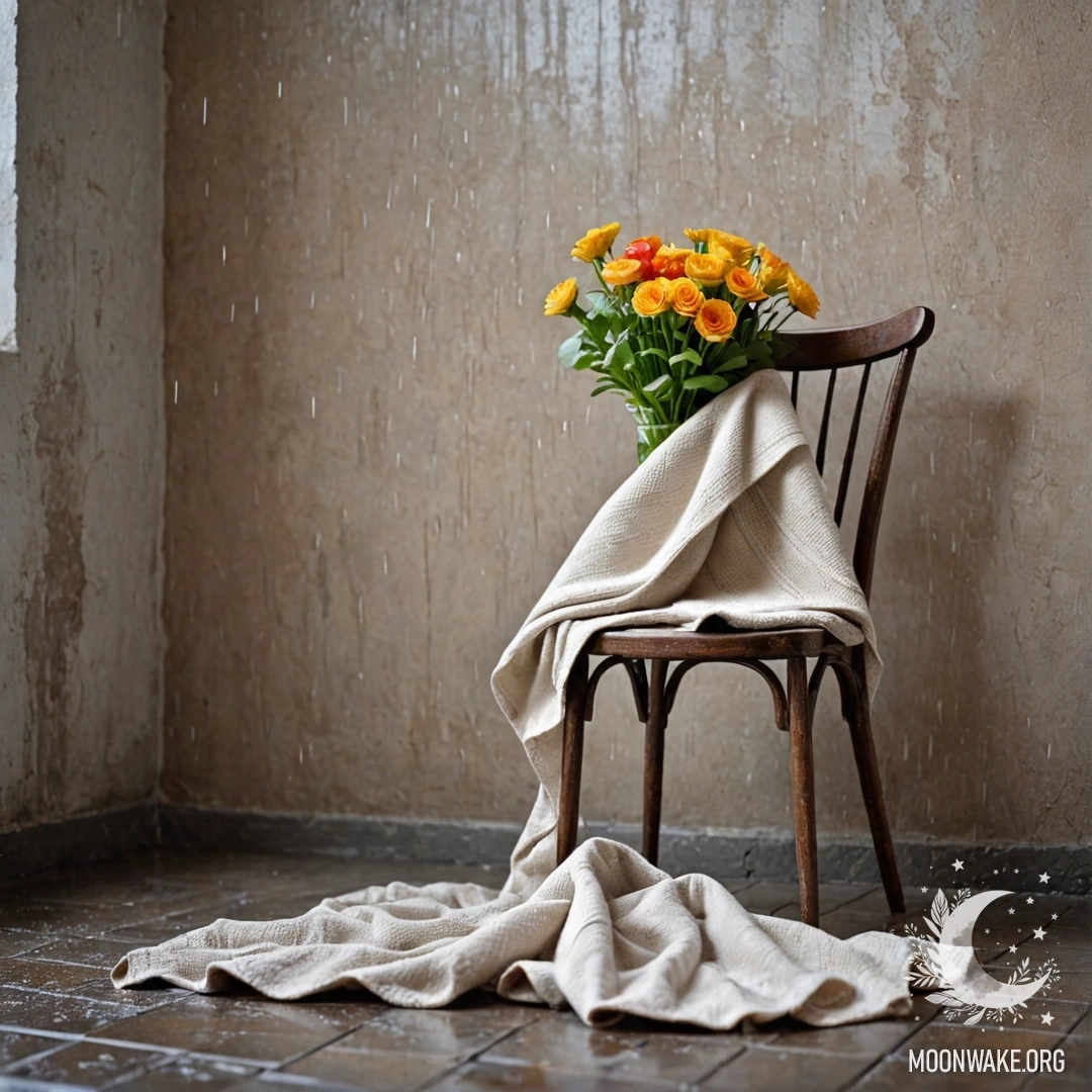 Minimalist Beauty on a Rainy Day A minimalist scene featuring a chair against a shabby wall, with a blanket and a bouquet of flowers resting on it, all under the rain.
