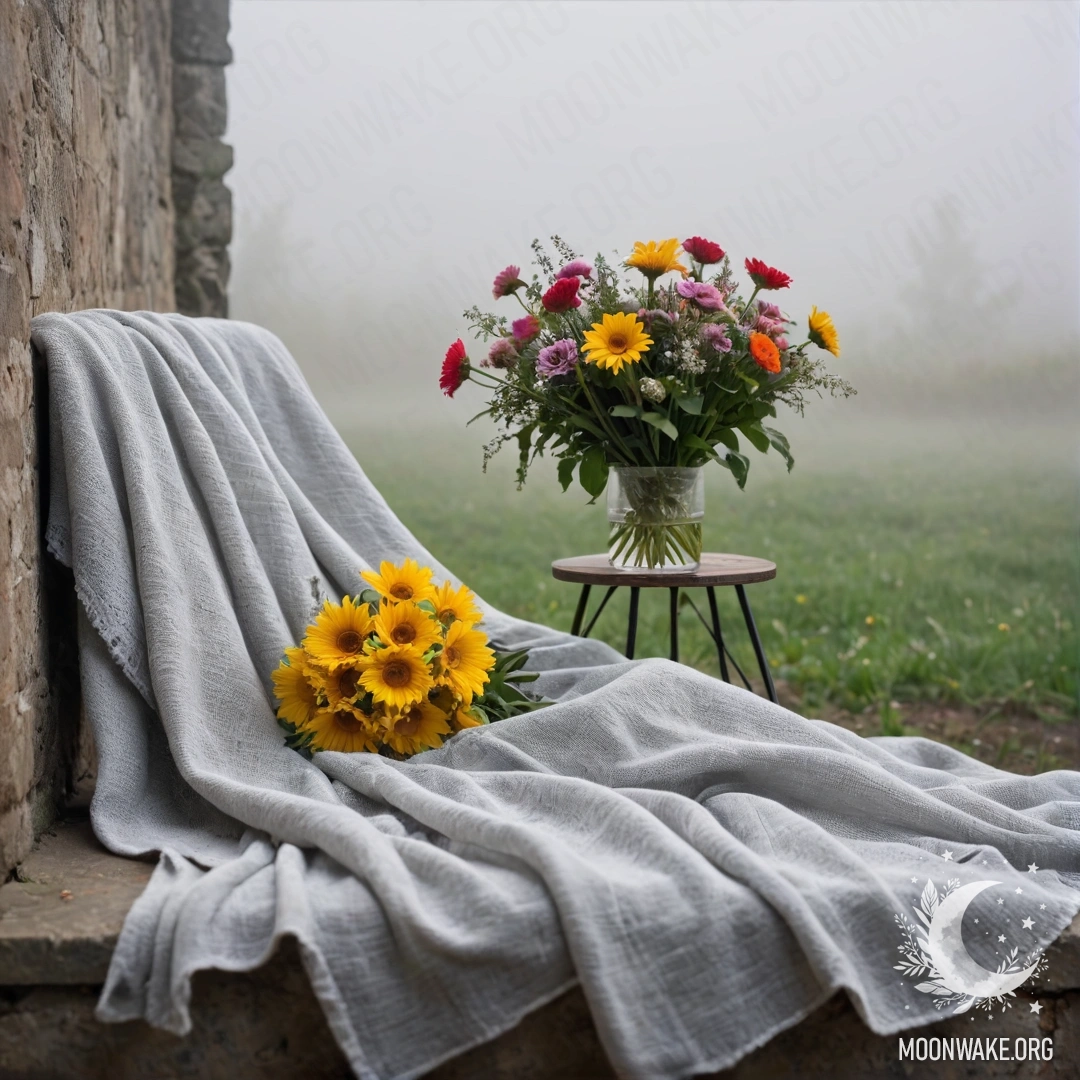 A chair on a shabby wall, a blanket and a bouquet of flowers on it.