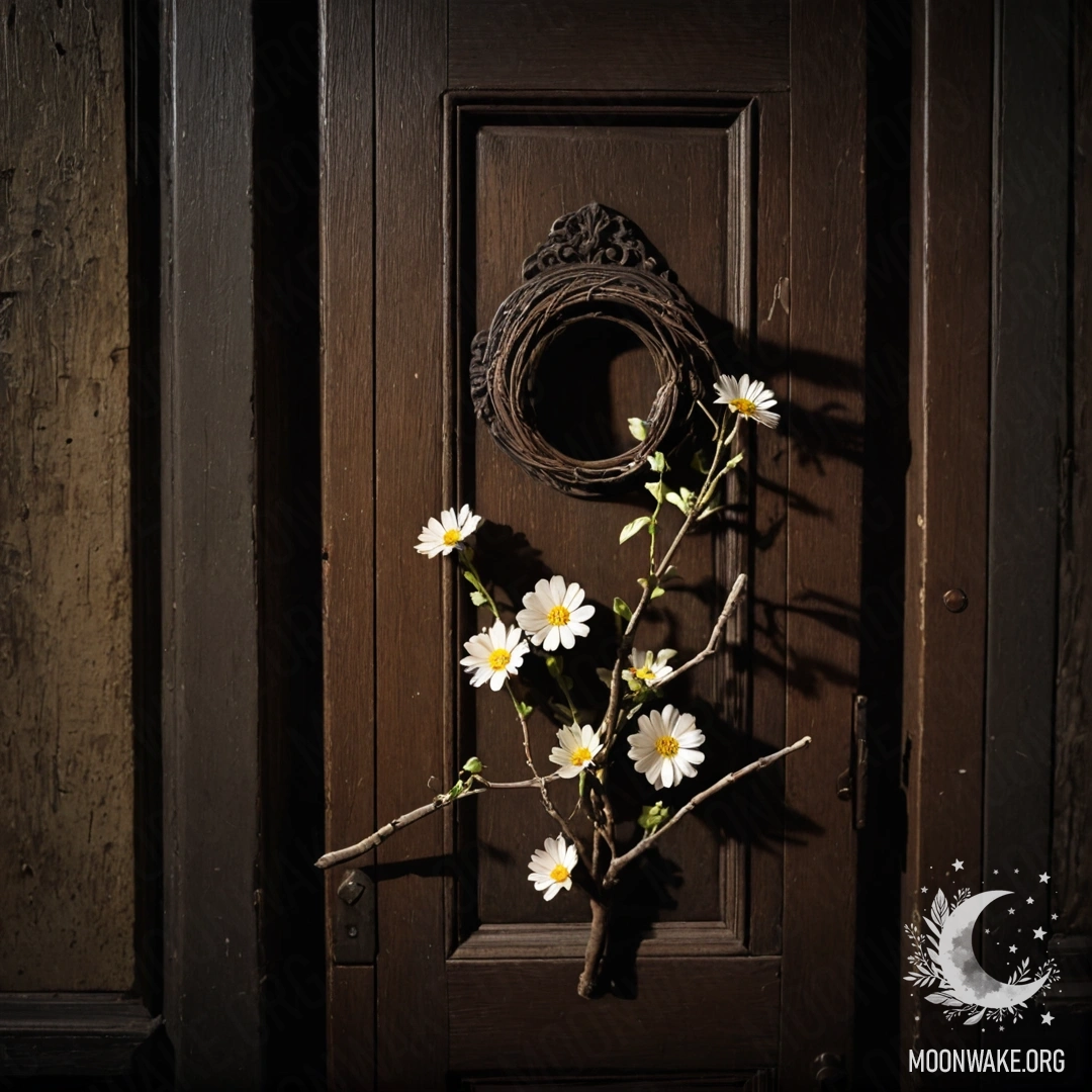 A photorealistic depiction of a chair with a blanket and bouquet of flowers against a shabby wall at night.
