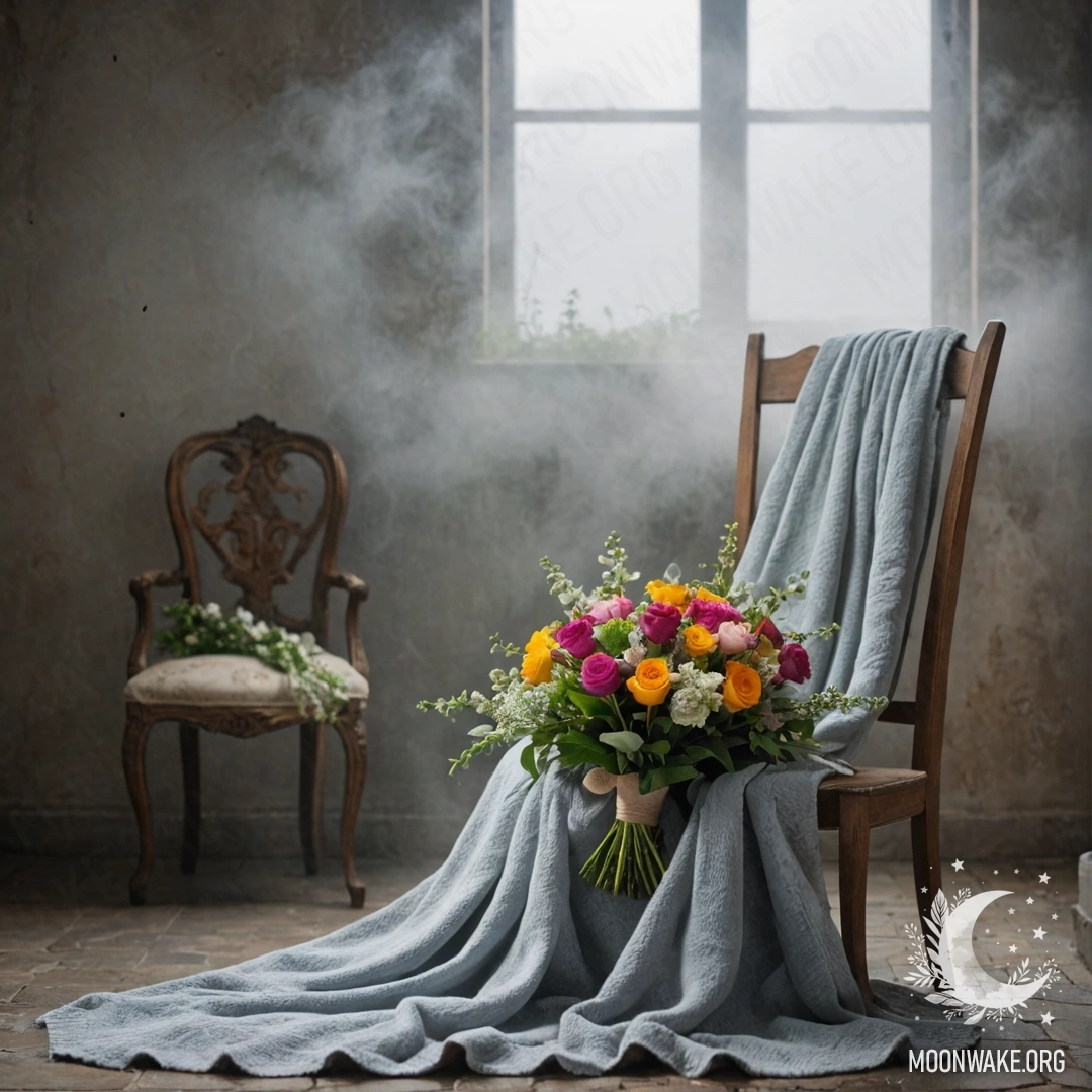 Minimalist Elegance on a Shabby Wall A minimalist scene featuring a chair with a blanket and a bouquet of flowers set against a shabby wall, enveloped in dense fog.