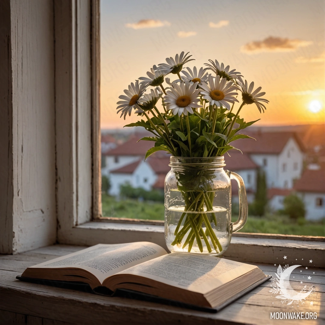 A minimalist scene featuring a chair with a blanket and a bouquet of flowers, illuminated by garland lights, set against a shabby wall.