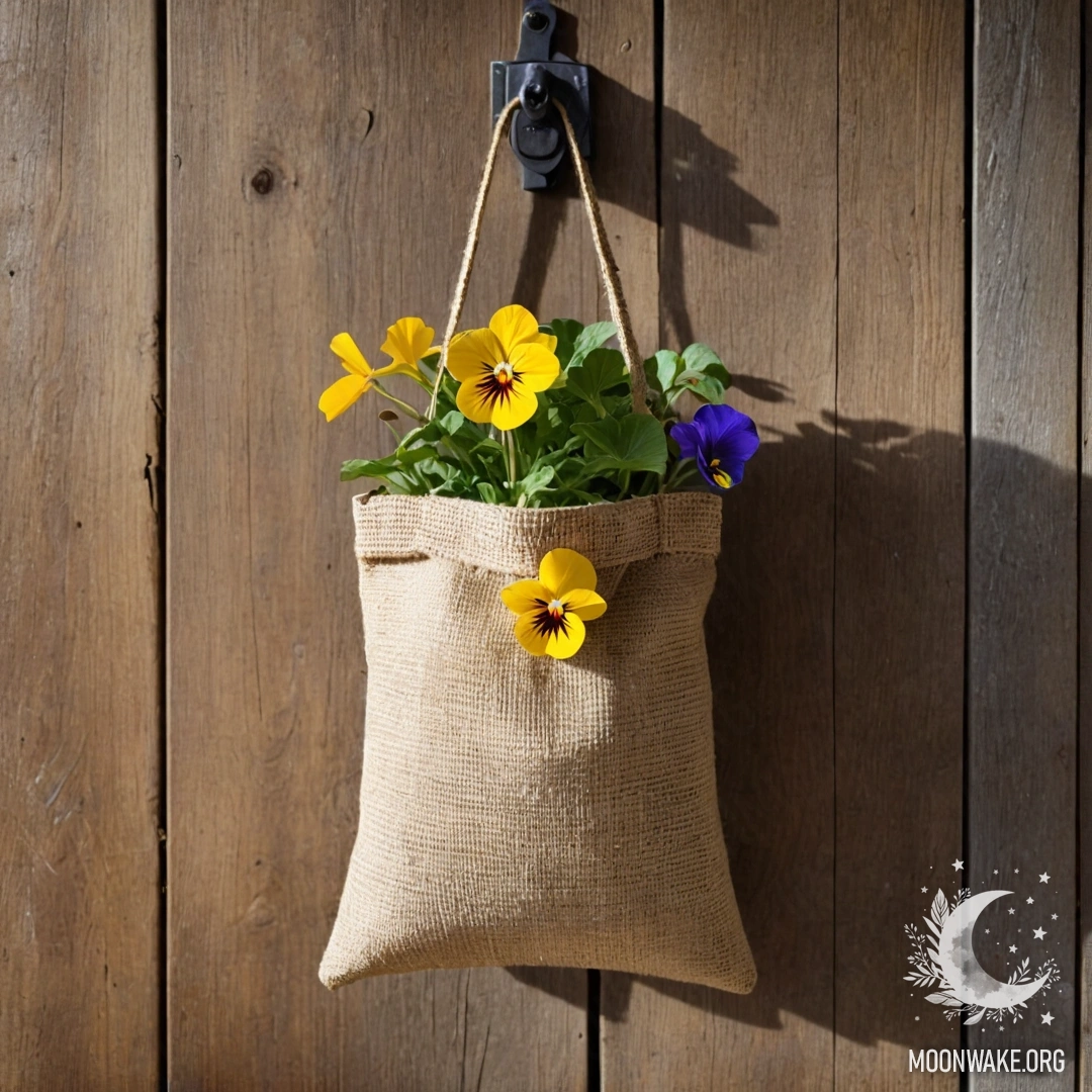 Minimalist Pansies on a Wooden Wall A burlap bag hanging on a shabby wooden wall, filled with pansies bathed in sunlight.