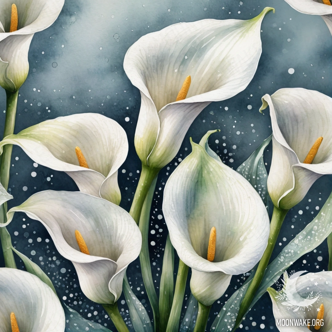A delicate arrangement of calla lilies surrounded by frost and sequins, in sea wave colors, resembling a watercolor painting.