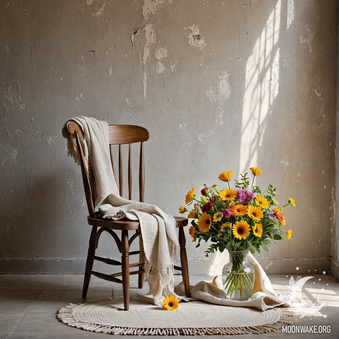 A minimalistic scene featuring a chair against a shabby wall, a blanket on the chair, and a bouquet of flowers basking in sun rays.