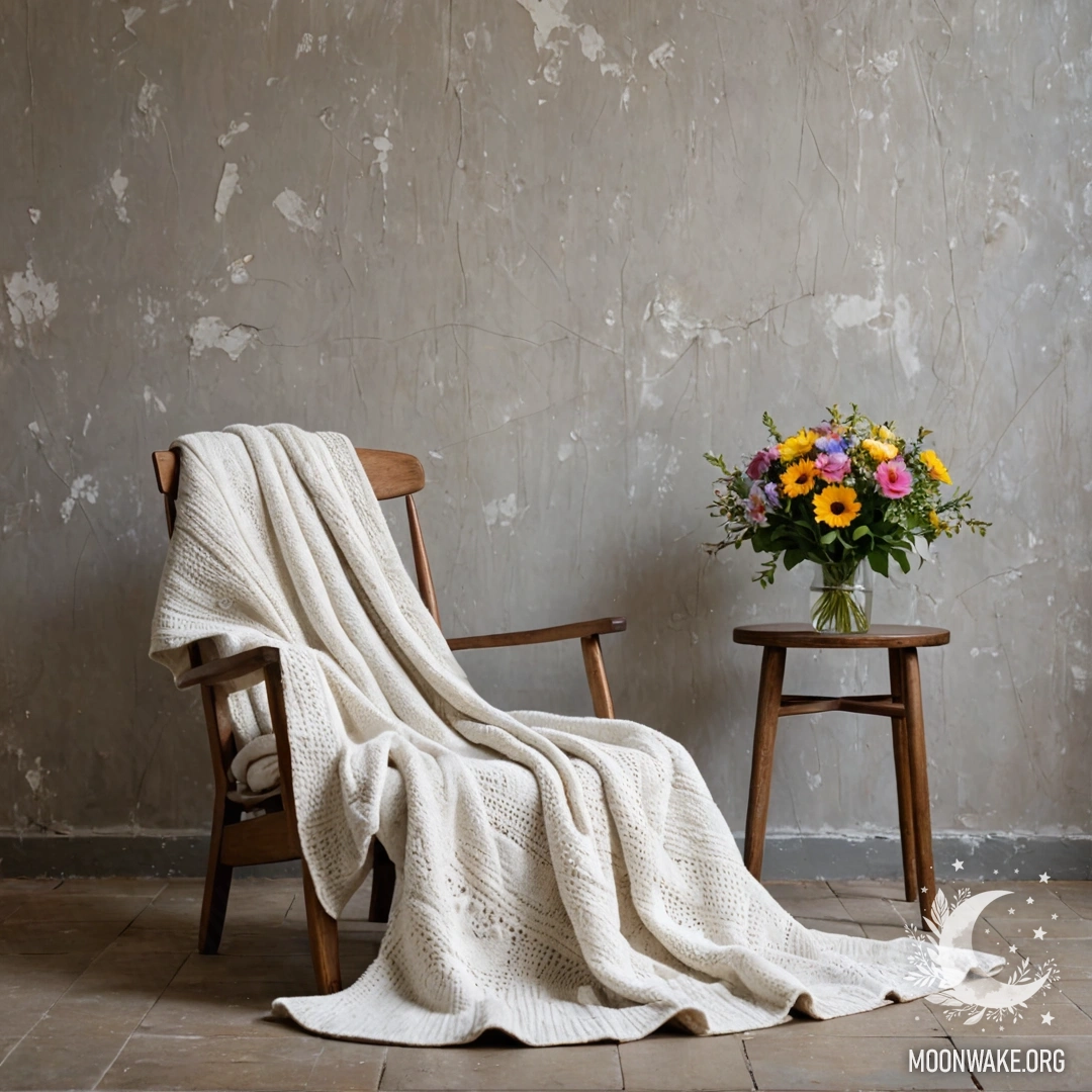 A minimalist scene featuring a chair with a blanket and a bouquet of flowers on a shabby wall background.