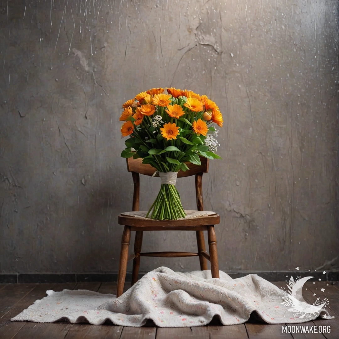 A minimalist chair with a blanket and a bouquet of flowers resting on it, set against a shabby wall with rain falling.