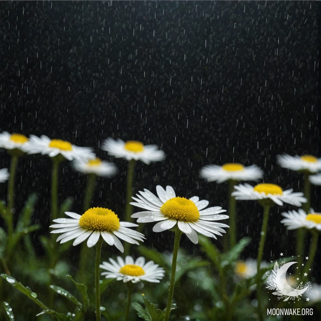 Chamomile flower under the rain during nighttime, highlighted with glitter.