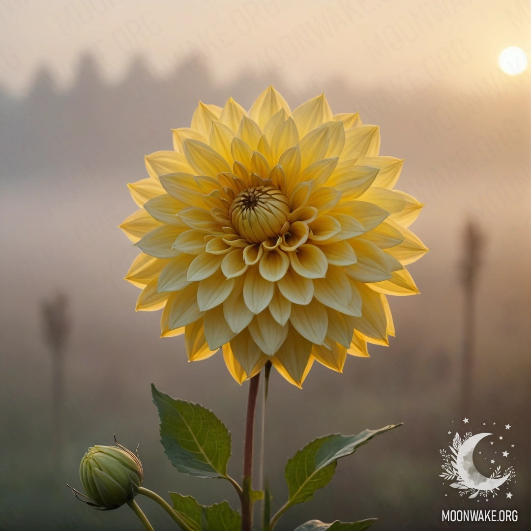 A bouquet of yellow dahlias surrounded by fog at sunset.