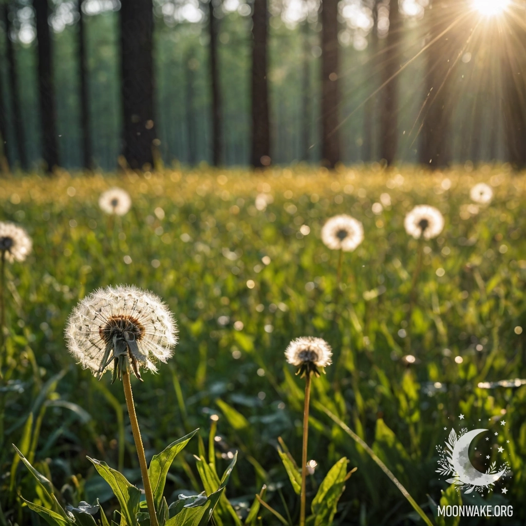 Minimalist Dandelions in a Sunlit Forest Close-up of dandelions in a field with a blurred forest background and sun rays filtering through the rain.