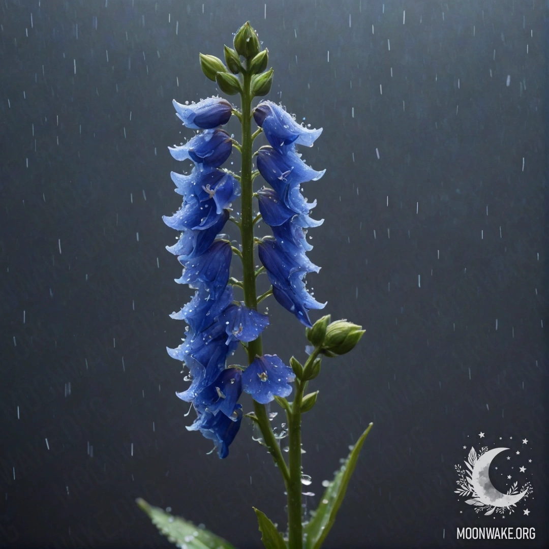 Minimalist Delphinium in Rainy Night Mist A delicate delphinium flower in the mist and rain at night, reflecting colors of the sea wave.