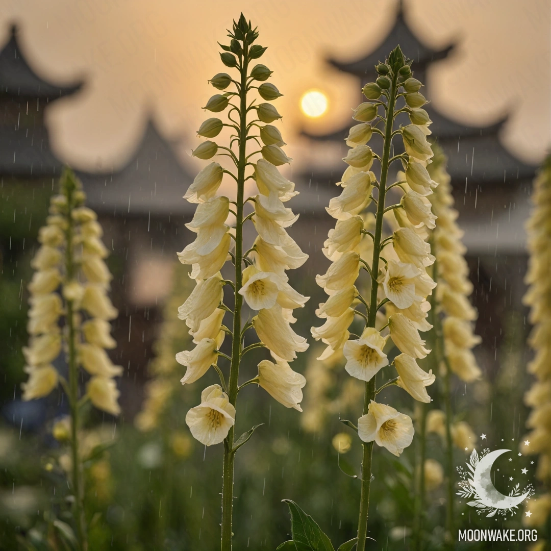 A minimalist arrangement of delphinium flowers drenched in rain during sunset, with patterns of cream yellow color.