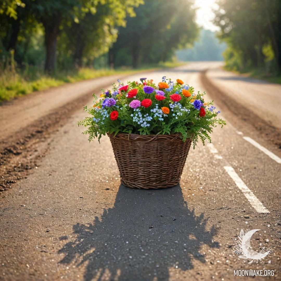 Minimalist Flower Basket on a Dirt Road A basket of flowers rests on a dirt road with a bokeh background of trees adorned with lights.