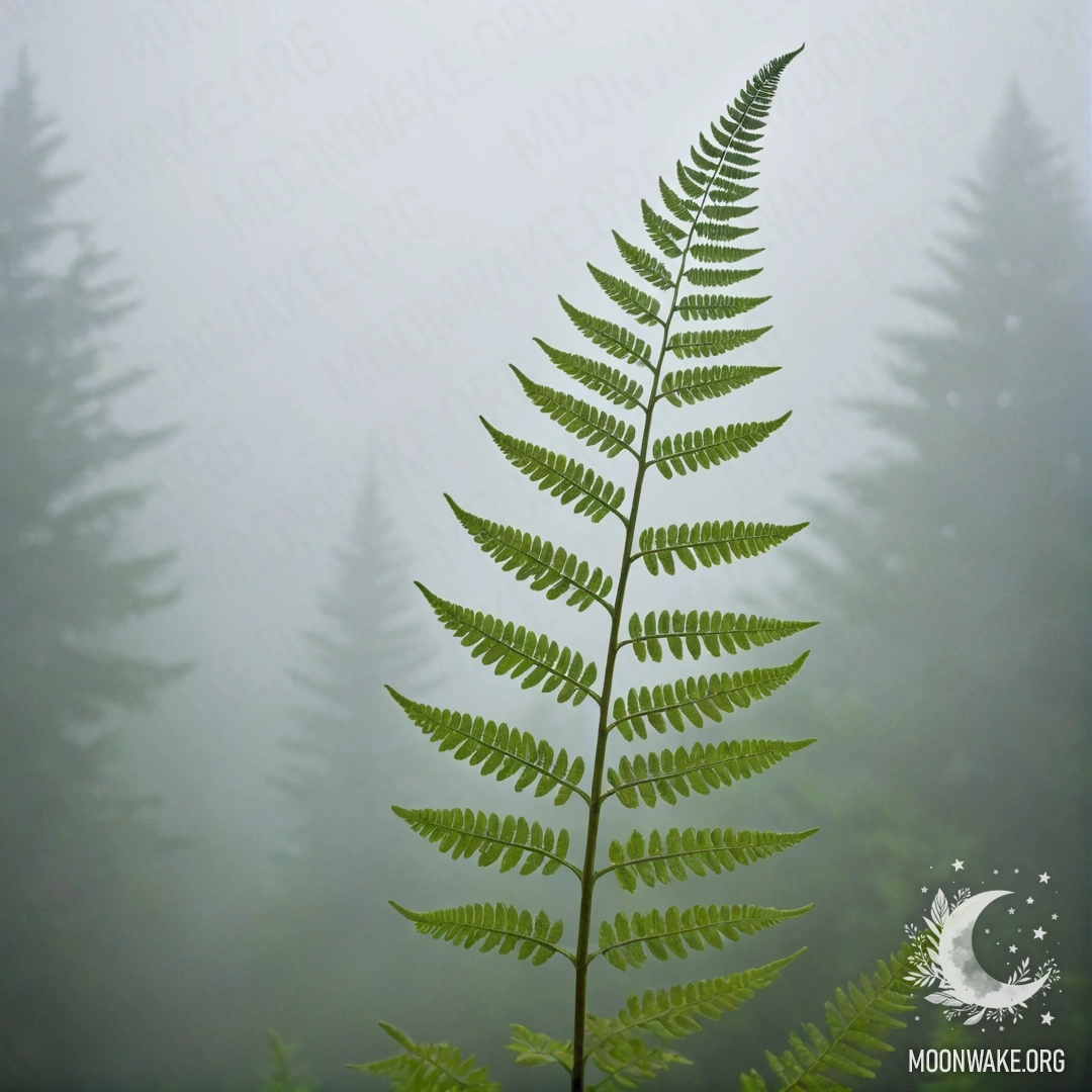 A serene composition featuring fern patterns in mist with a sky blue background.