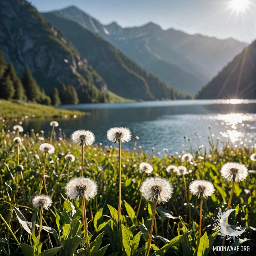 Minimalist Dandelions in Nature Close-up of dandelions in a field with a blurred background of a mountain lake.