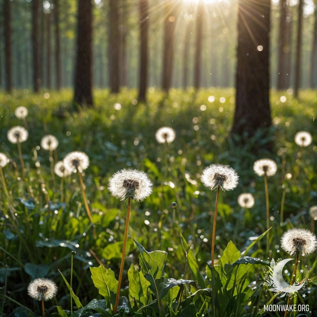 Dandelion Field in Sunlit Forest Close-up of dandelions with a soft bokeh background of forest and sun rays.
