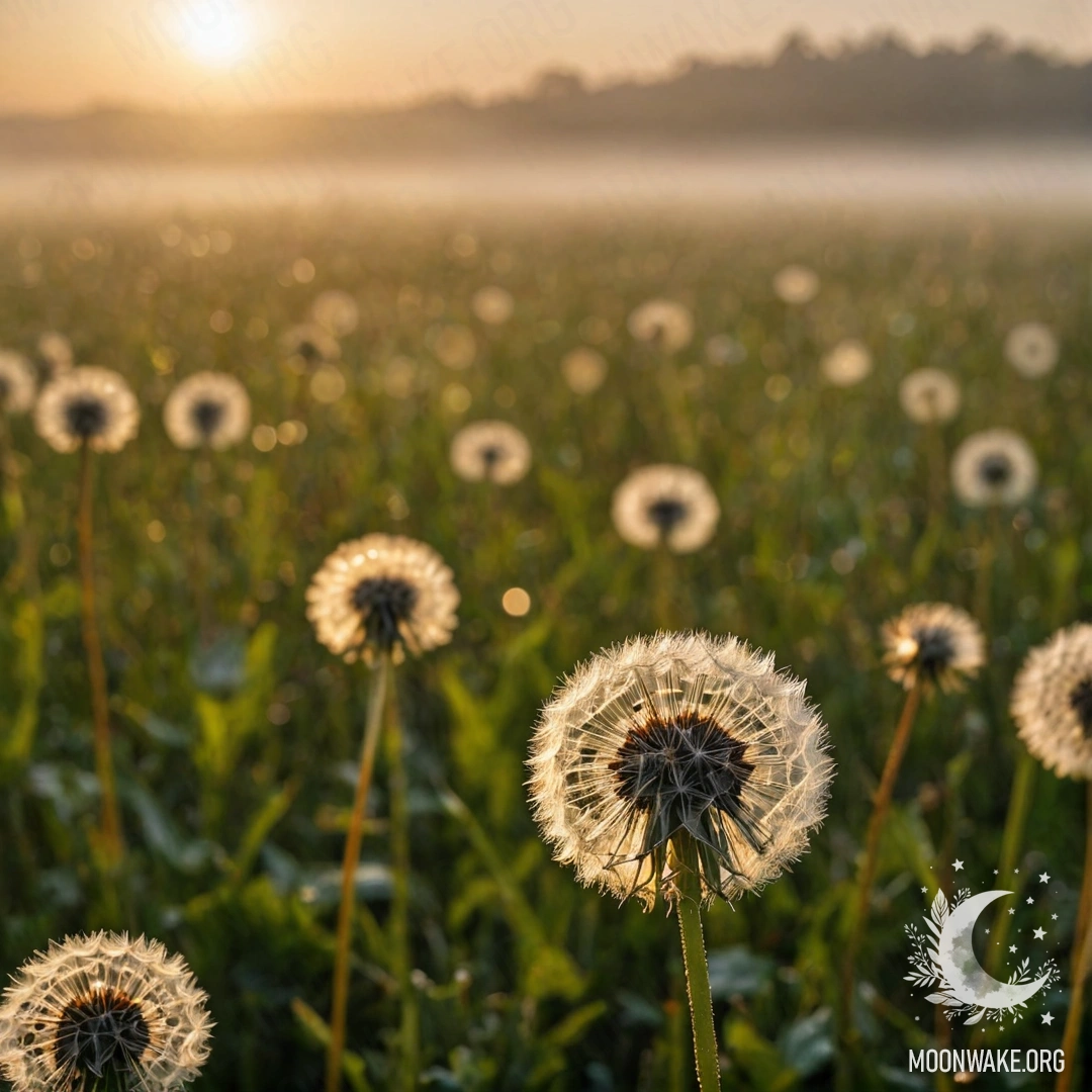 A close-up of dandelions in a foggy field at sunset with bokeh effects.