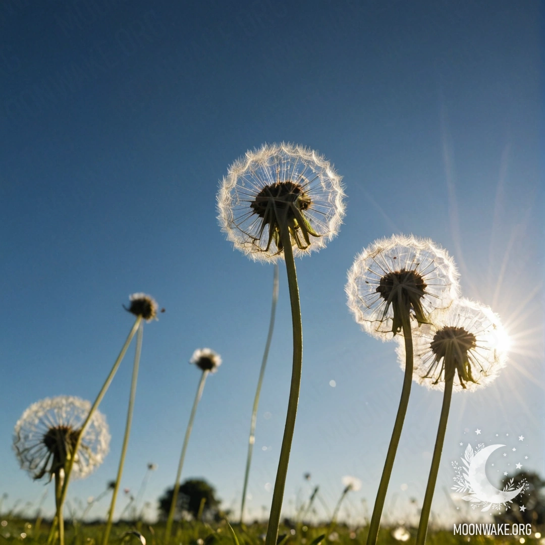 Close-up of dandelions in a field with a blurred sky background and lens flares.