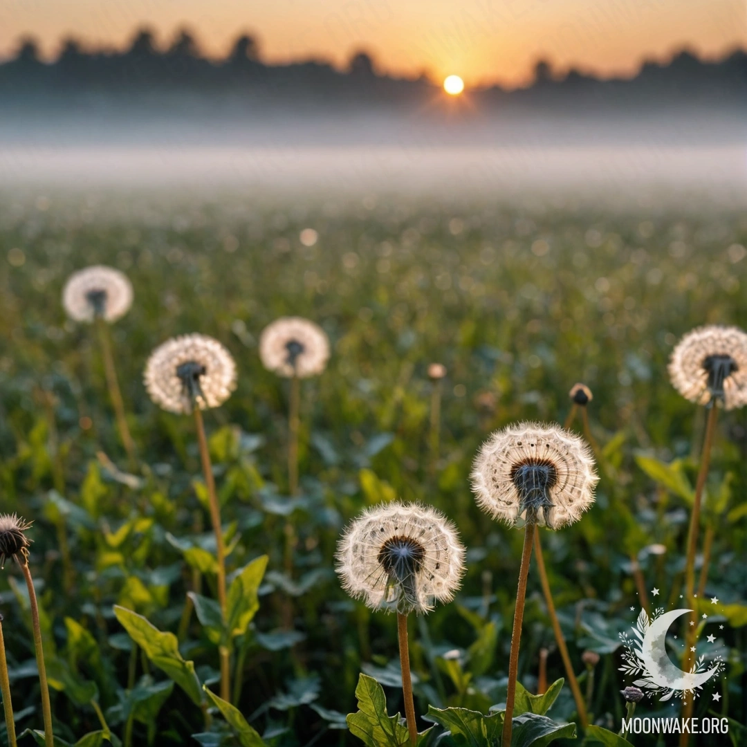 Close-up view of dandelions in a foggy field during sunset.