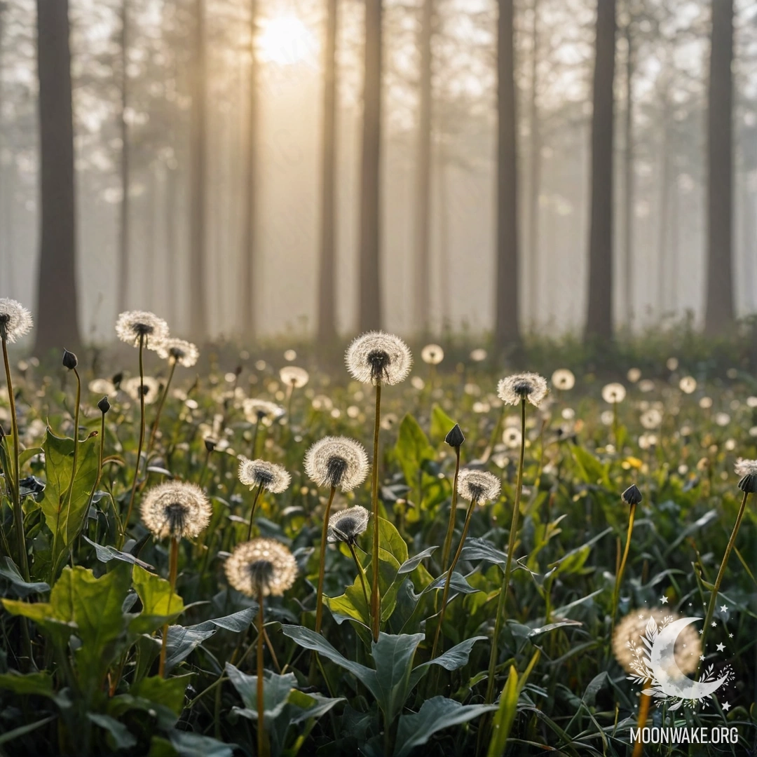 Close-up of dandelions in a field, with a blurred forest background illuminated by sun rays in the mist.