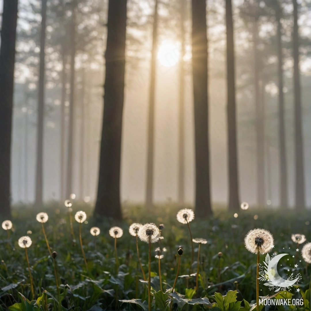 Close-up of dandelions in a field against a blurred forest background with sunlight streaming through the trees.