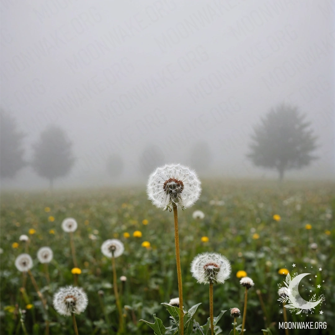 Close-up of dandelions against a blurred misty sky with clouds.