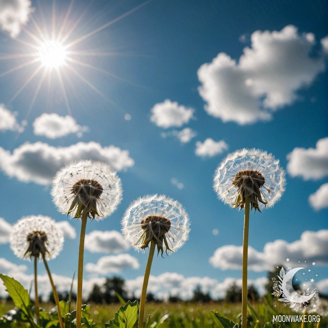 Close-up of dandelions against a bokeh sky filled with clouds.