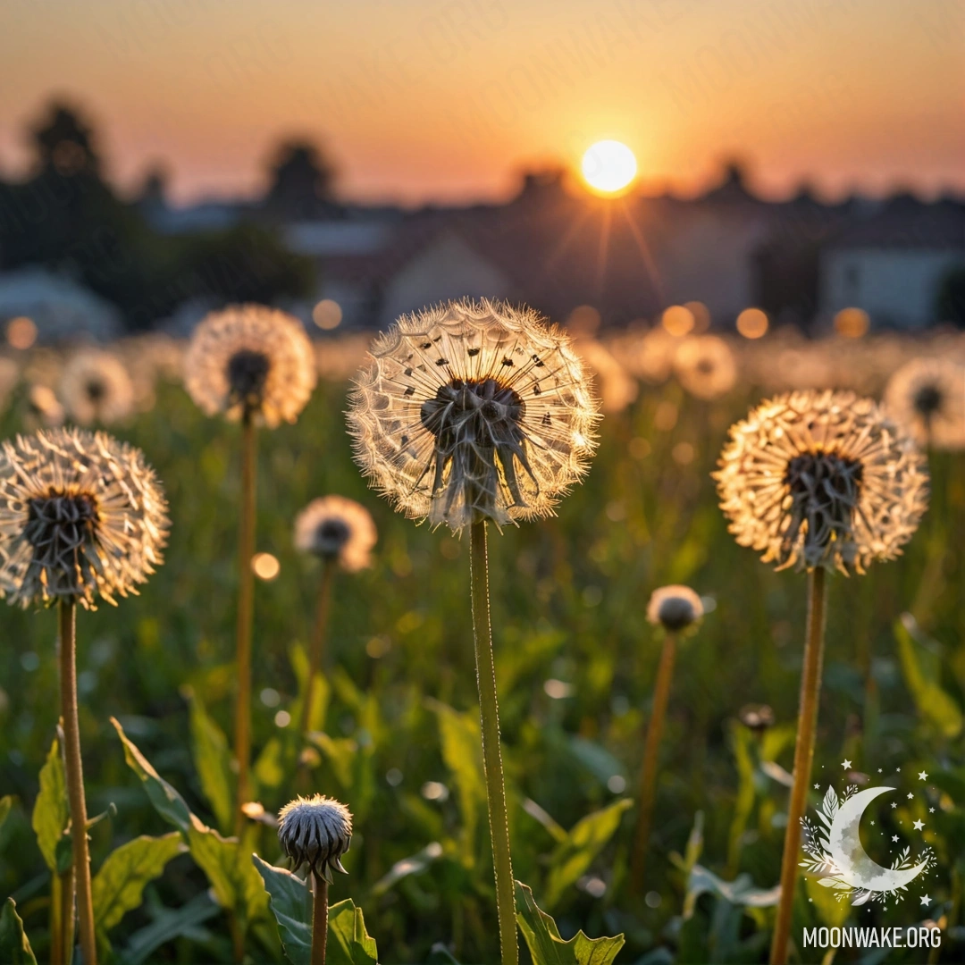 Minimalist Dandelion Field at Sunset A close-up view of dandelions in a minimalist field against a bokeh sunset.