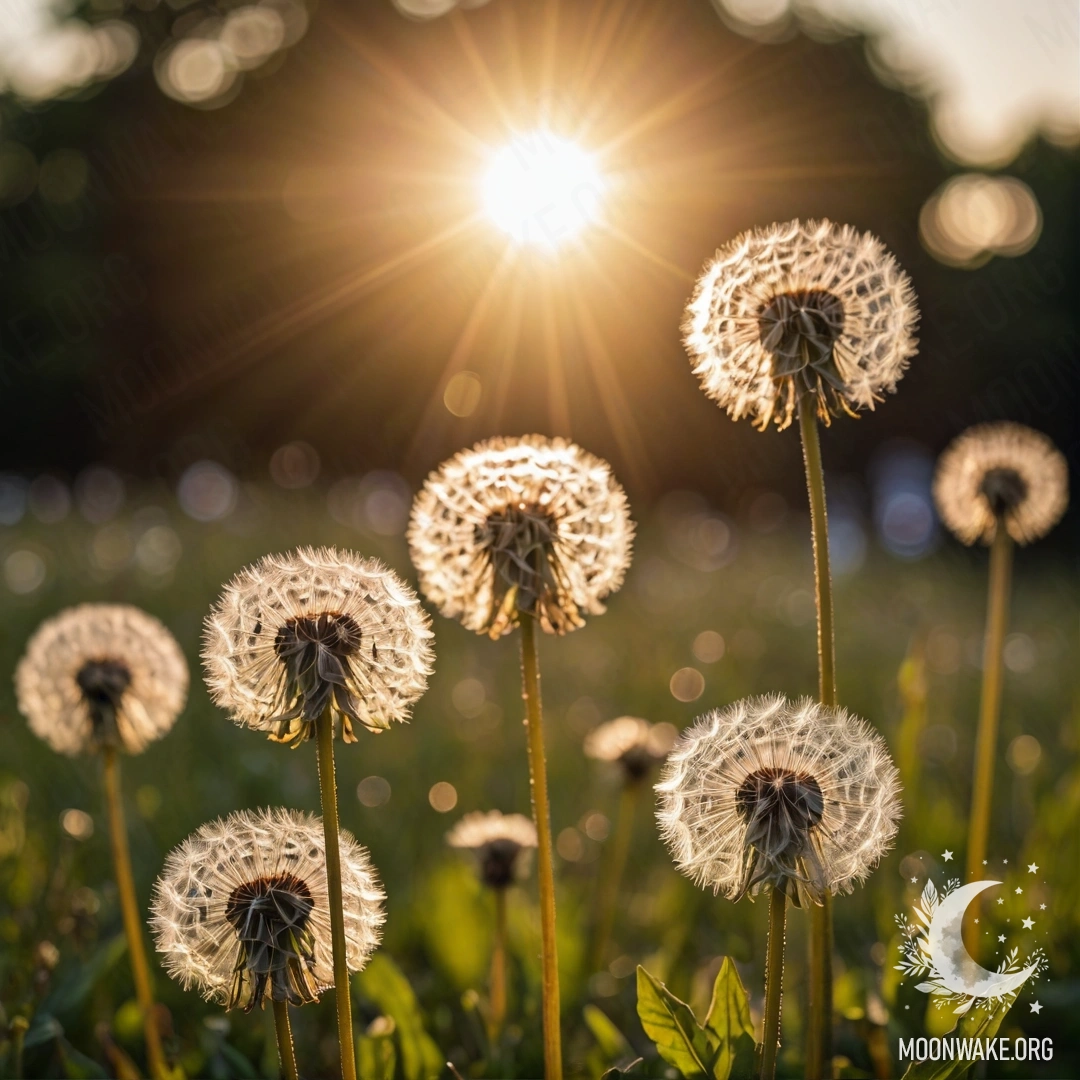 Close-up of dandelions in a field against a bokeh sunset background with lens flares.